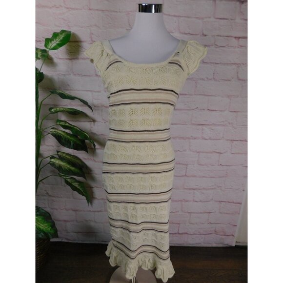 Freshman 1996 Small Knit Midi Dress Cream Stripes Cottagecore Boho Chic - Picture 1 of 9